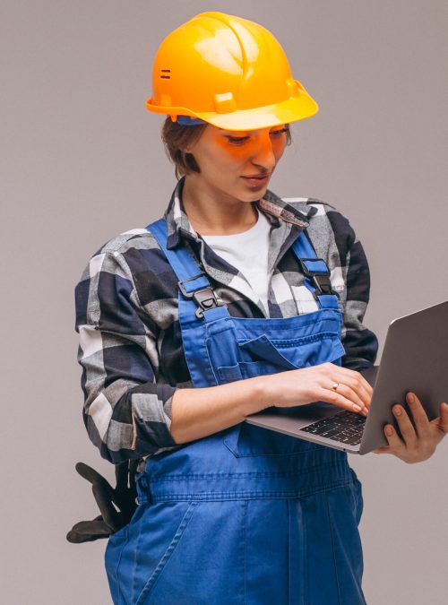 Woman repairer isolated with laptop
